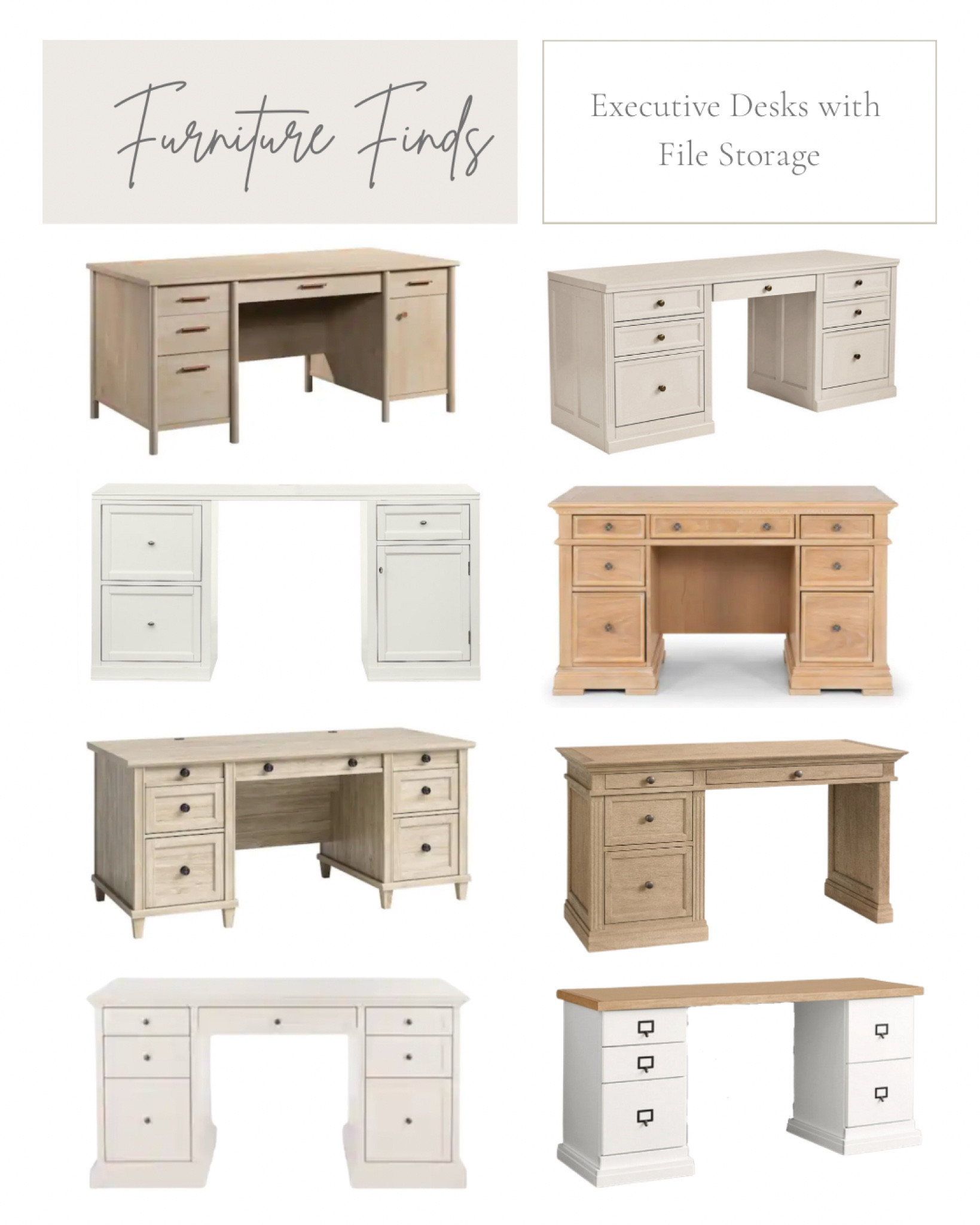 Executive desks with file storage. Home office furniture, white desk, white oak desk, light wood desk, home depot, Ballard designs, pottery barn 

#LTKstyletip #LTKhome #LTKsalealert