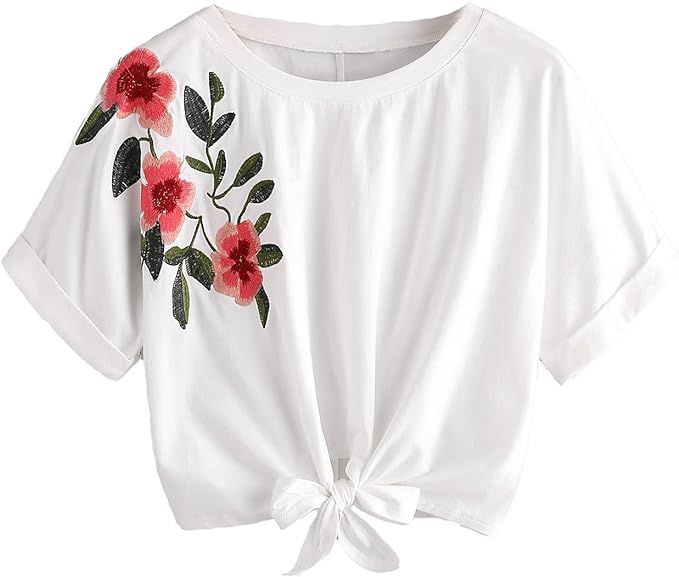 SweatyRocks Women's Summer Short Sleeve Crop Top T-Shirt Tie Front Blouse Top | Amazon (US)
