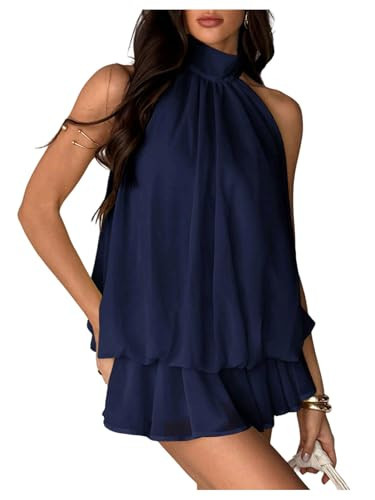 Floerns Women's Mesh Open Back Halter Dress Sleeveless Ruffle Going Out Mini Dresses Dark Blue X-Small | Amazon (US)