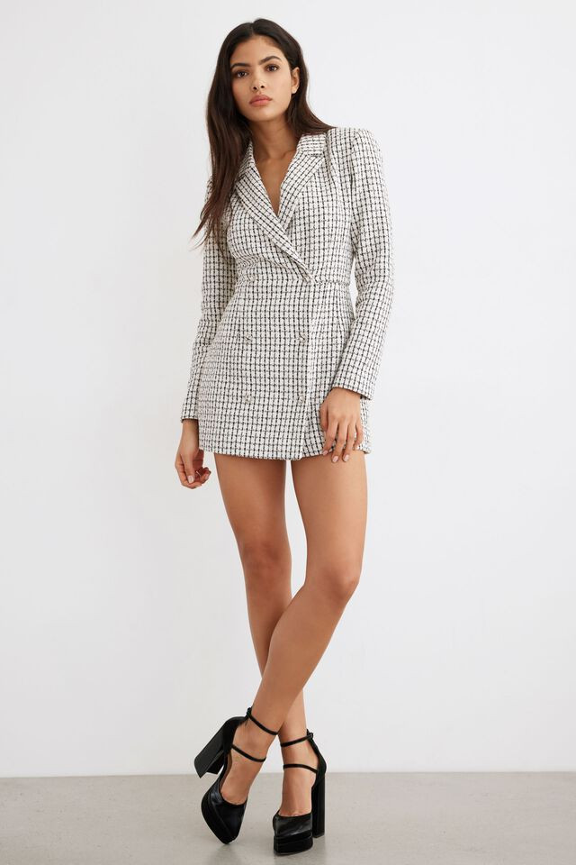 Asher Tweed Blazer Romper | Dynamite Clothing