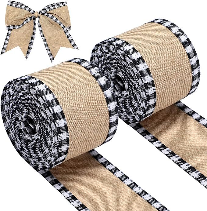 2 Rolls Christmas Buffalo Plaid Wired Edge Ribbons Christmas Tree Burlap Fabric Craft Ribbon Wrap... | Amazon (US)