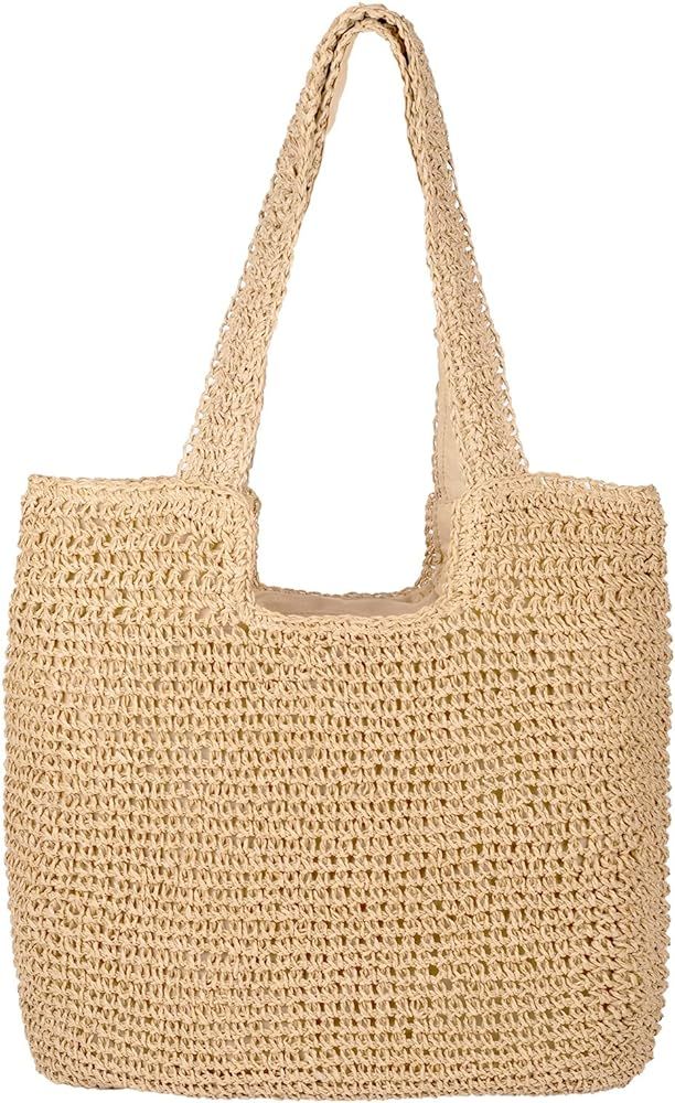 Straw Beach Bag Large Beach Tote Bag for Women Foldable Beach Bag With Zipper Summer Woven Straw ... | Amazon (US)