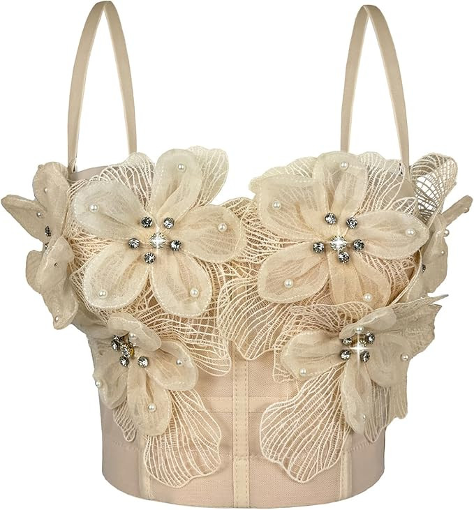 Women's 3D Floral Corset Tops Sexy Mesh Rhinestone Spaghetti Strap Bustier Crop Top | Amazon (US)