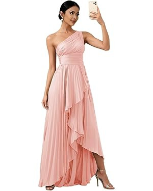 Women's One Shoulder Bridesmaid Dresses with Slit for Wedding High Low Long Satin Pleated Formal ... | Amazon (US)