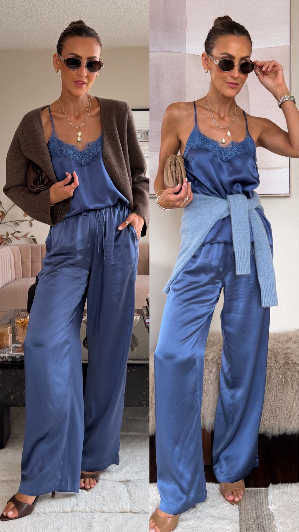 Two looks wearing my new 100% washable silk pant and cami with two cashmere pieces I love! The perfect transitional weather pieces! @Quince  #quincepartner