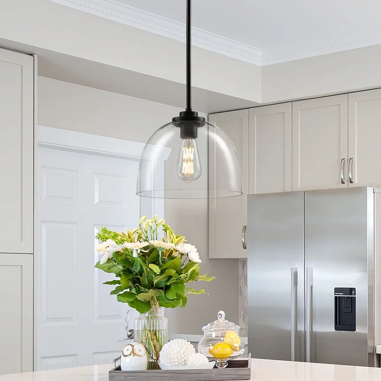 KAISITE 1-Light Modern Dome Glass Pendant Light Black Kitchen Island Hanging Ceiling Light | Walmart (US)