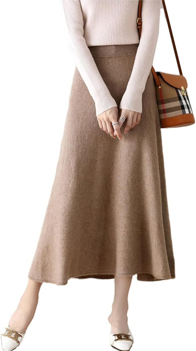 Long Skirt Women's Fall Winter 100% Merino Wool Knitted Skirt Ribbed Elastic Solid Warm Sweater S... | Amazon (US)