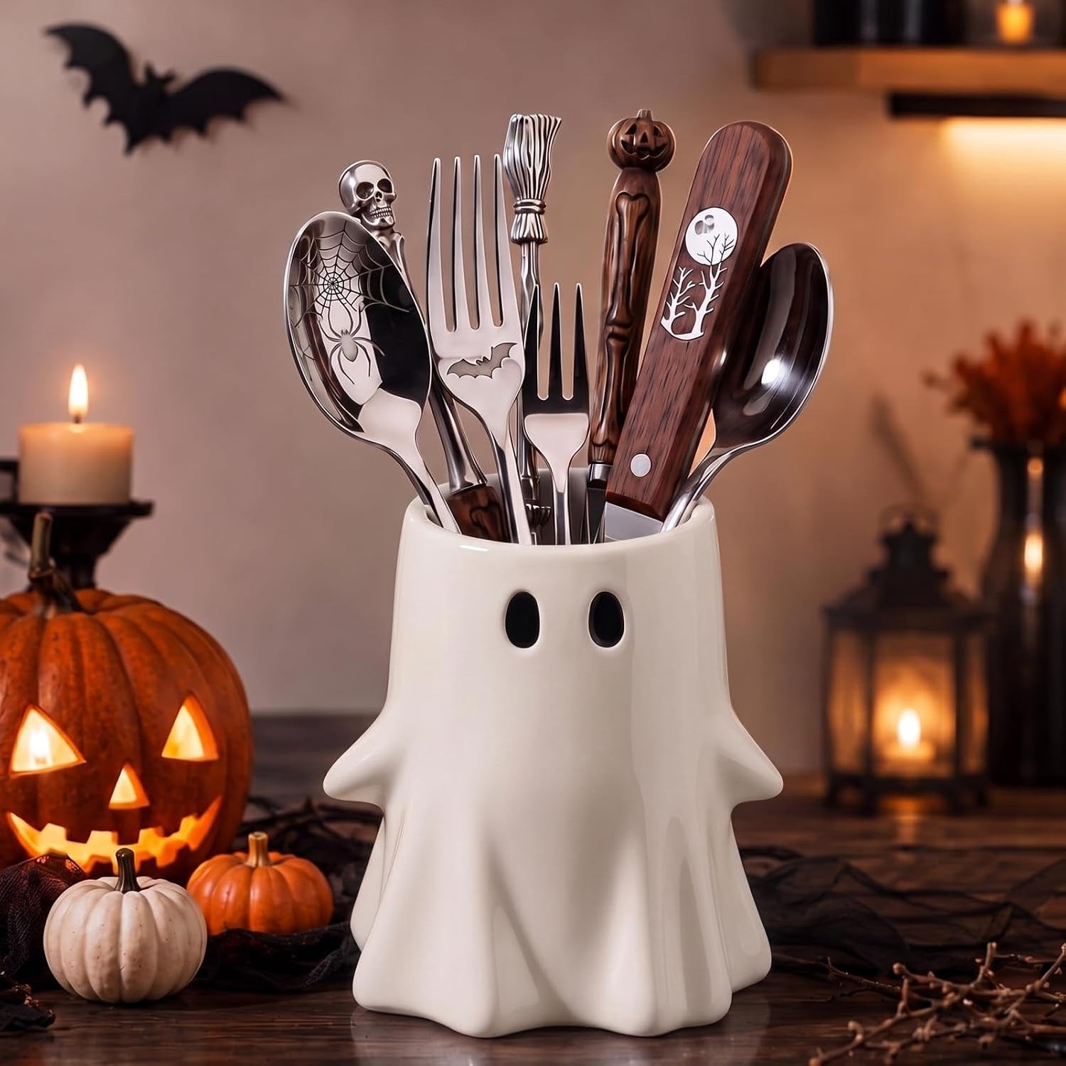 Hushee Halloween Kitchen Decor, Ceramic Ghost Utensil Holder, 6.3 Inch | Amazon (US)