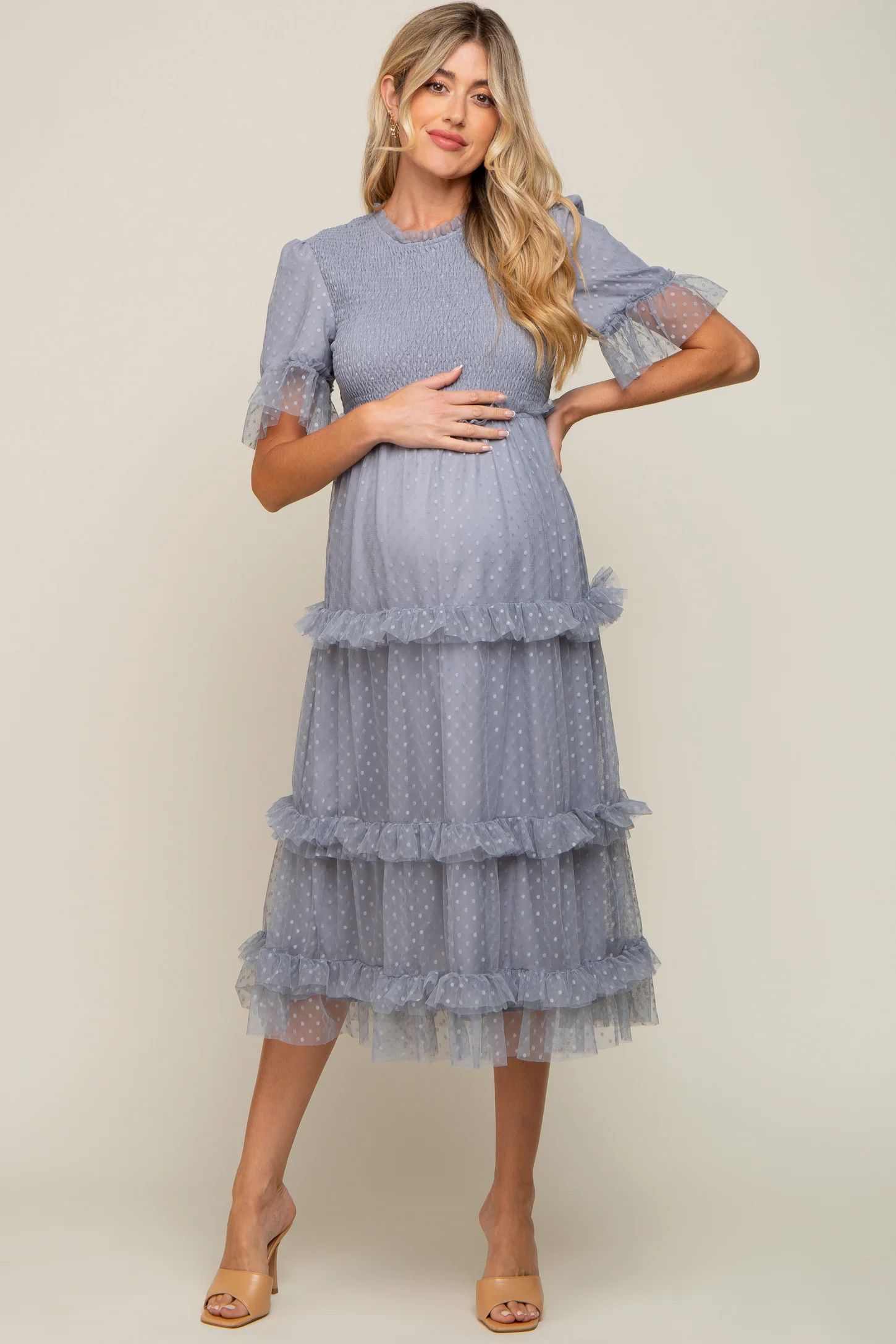 Light Blue Polka Dot Tulle Smocked Maternity Midi Dress | PinkBlush Maternity