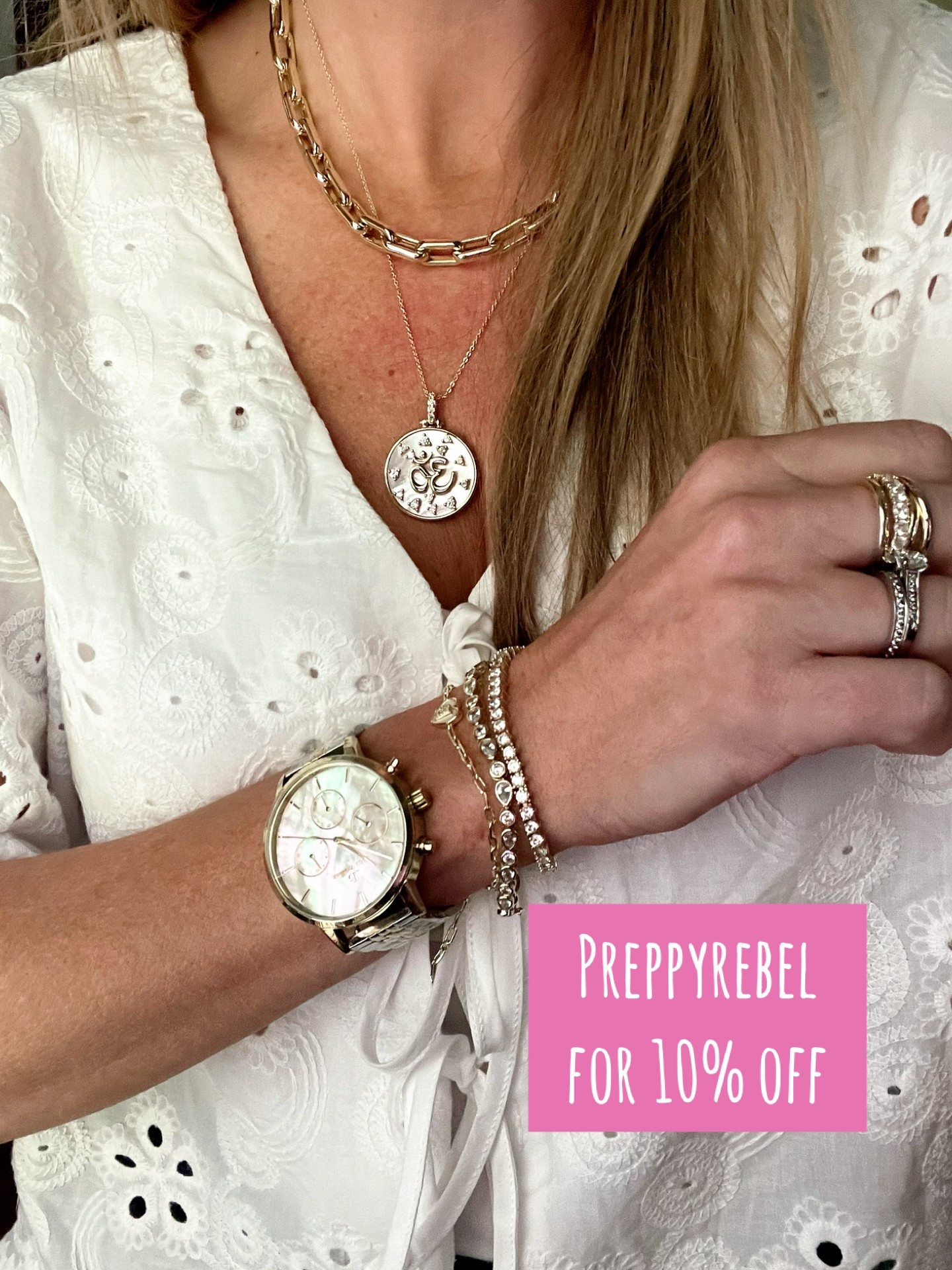 Code PREPPYREBEL gets you 10% off Melinda Maria Jewelry! ✨

This easy summer outfit is giving chic coastal charm with a playful twist! The white eyelet tie-front blouse is feminine and breezy — perfect for warm days by the beach or brunch with the girls. I paired it with classic high-rise denim shorts for that effortlessly cute vibe. The neutral woven wedges elongate the legs while keeping it comfy and polished.

Topped it off with a textured gold headband and layered on my favorite Melinda Maria pieces — love how the bold chain and charm necklace combo pops against the eyelet!

Outfit details:
• White tie-front eyelet top with scalloped hem ☀️
• Dark wash high-rise denim shorts (true to size)
• Woven raffia platform heels for that perfect summer lift
• Gold accessories + charm necklace from @melindamaria_jewelry (code PREPPYREBEL saves!)
• Chunky gold watch + sparkly bracelet stack = arm party goals! ⌚
• Woven headband adds a touch of texture

Style tip: Swap wedges for white sneakers to dress it down or layer the top over a swimsuit as a cute coverup!

#LTKsummer #summerstyle #denimshorts #eyelettop #preppystyle #coastalcowgirl #melindamaria #layeredjewelry #weekendstyle #brunchoutfit #effortlessfashion

#LTKFindsUnder50 #LTKFindsUnder100 #LTKSaleAlert