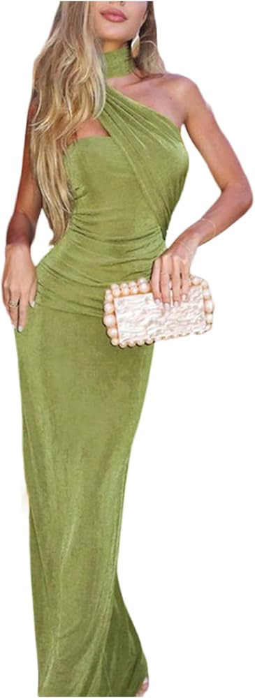 Floerns Women's Elegant Halter Maxi Dress Ruched Sleeveless Bodycon Formal Cocktail Party Dresses | Amazon (US)