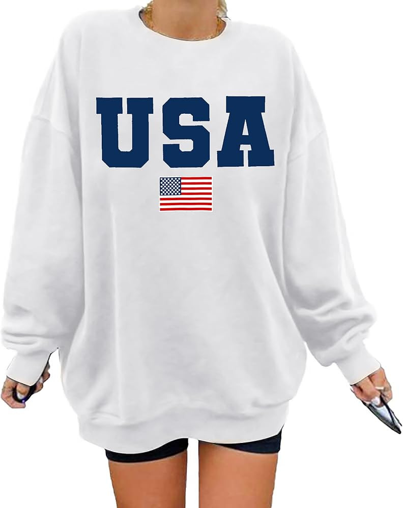 Oversized Usa Sweatshirt Women: Patriotic Tshirt 4th July Shirt Long Sleeve Casual Pullover Tops | Amazon (US)