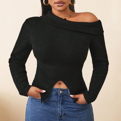 Women's Black Knitted Long Sleeve Sweater, Oblique Shoulder V-Neck, Slim Fit, Suitable For Casual Gatherings, Autumn/Winter | SHEIN