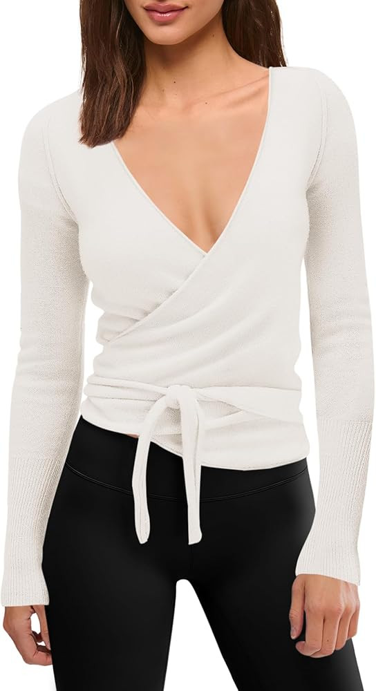 Panadila Womens Pilates Wrap Top Ballet Long Sleeve Tie Front Tops Yoga Shrug Reversible Sweater ... | Amazon (US)