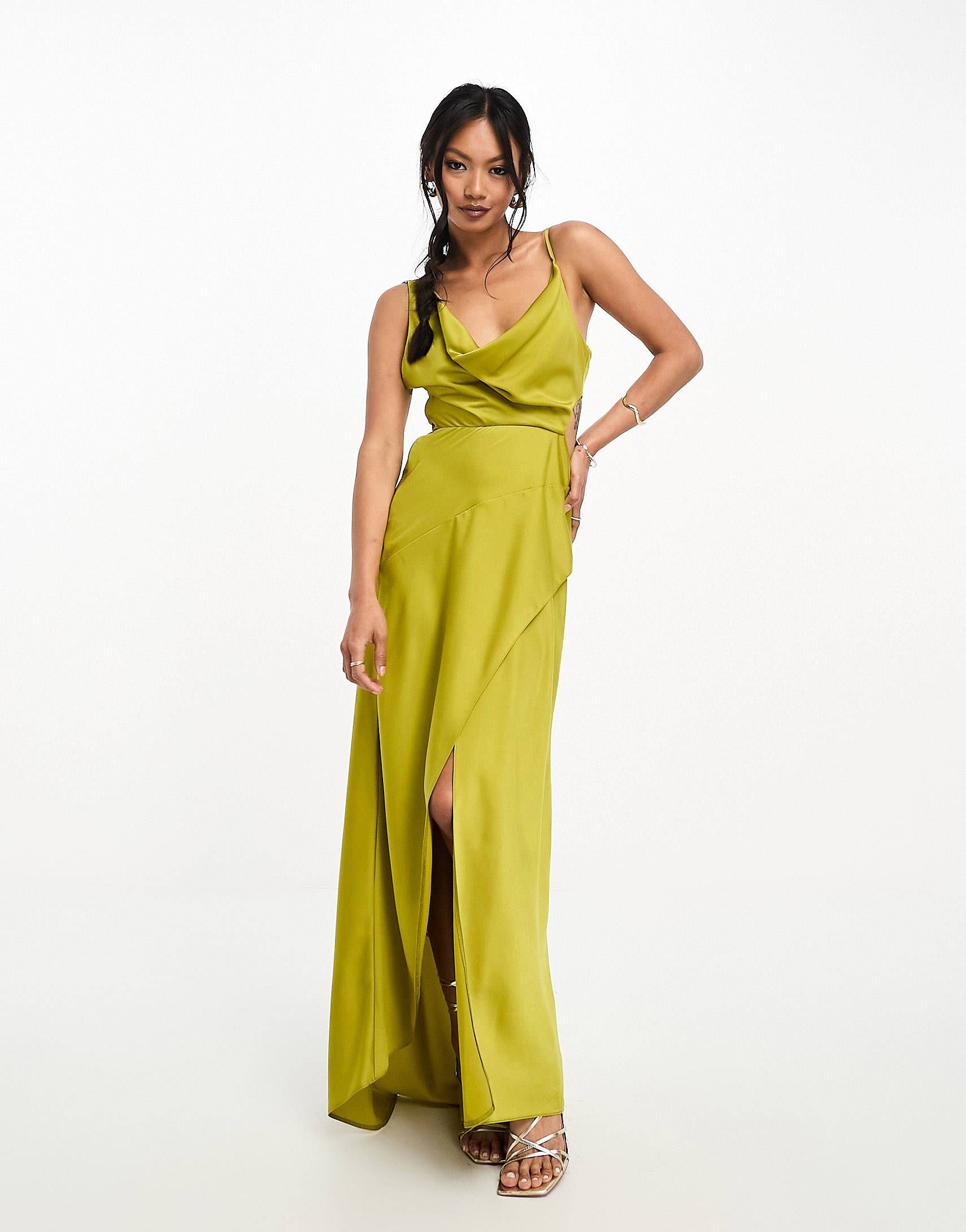 ASOS DESIGN satin cowl midaxi dress with cut out waist and graduated hem in chartreuse | ASOS (Global)