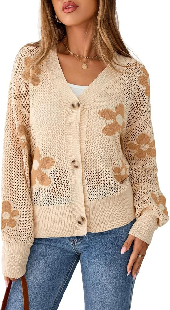 Sidefeel Cardigan for Women Crochet Knit Button See Through Lightweight Long Sleeve Sweater Tops | Amazon (US)