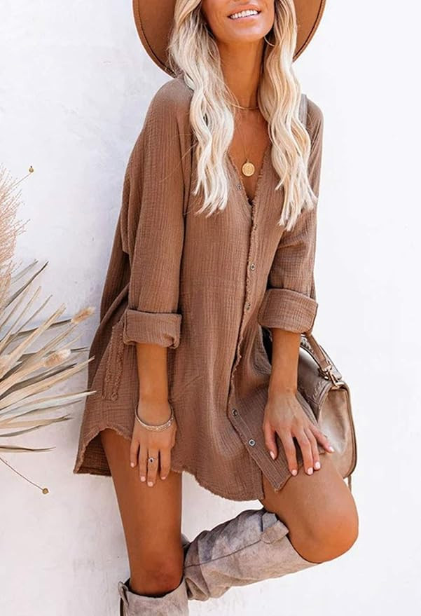 Pink Queen Women V Neck Long Sleeve Button Down Blouse Tunic Shirt Mini Dress with Pockets | Amazon (US)