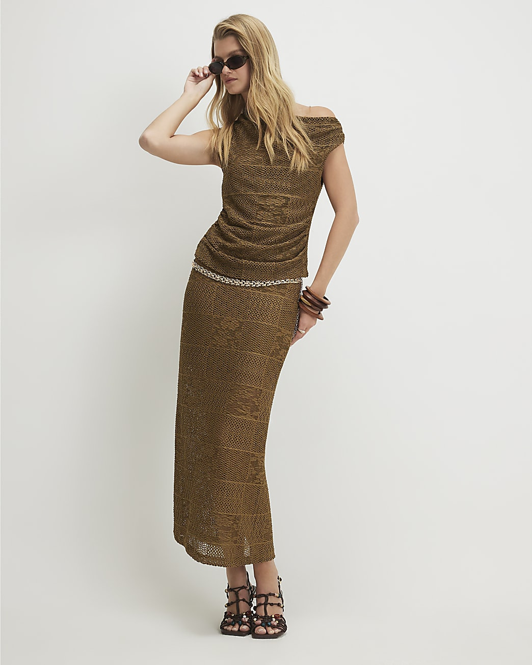 Khaki Lace Midi Skirt | River Island UK & IE