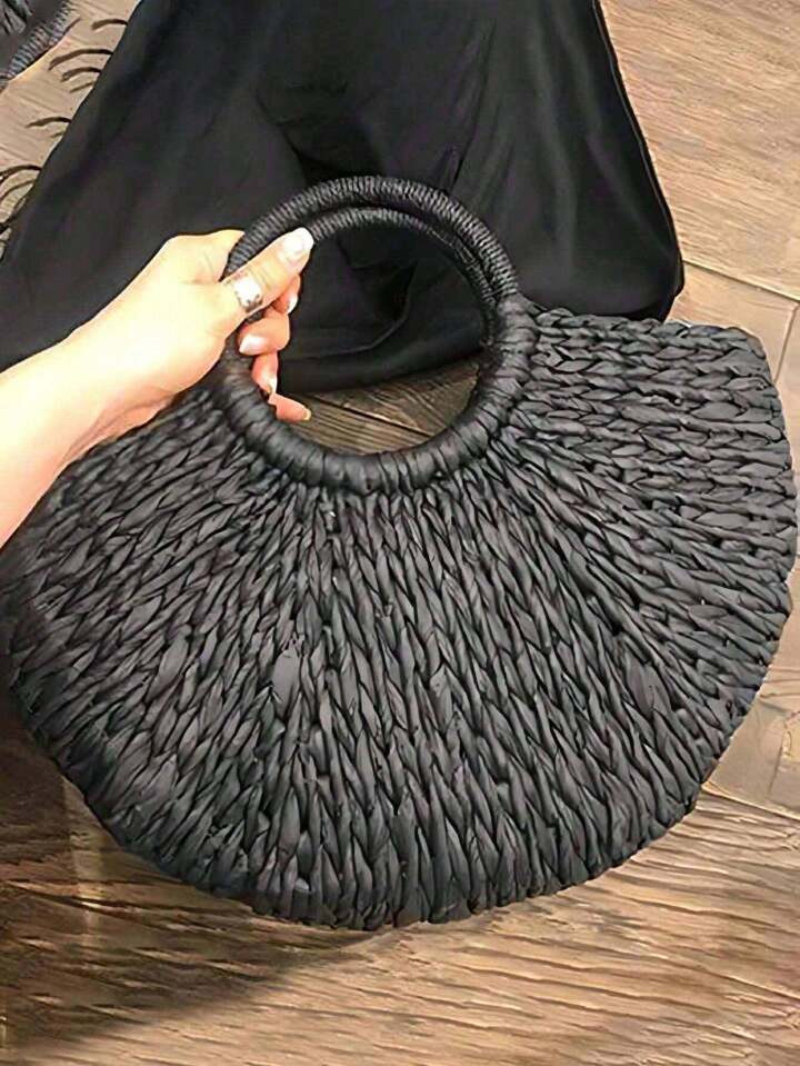 1Pc Half-Round Beach Woven Handbag, Lightweight Large Capacity Tote Bag, Casual Rattan Half Moon ... | SHEIN