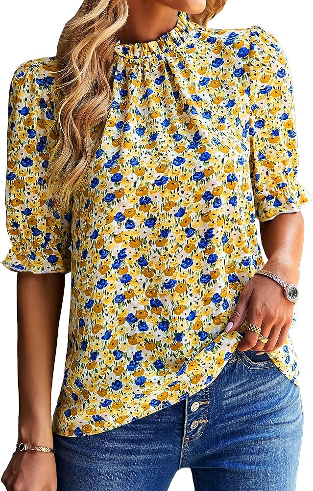 BTFBM Women's Summer Boho Shirt Top Ruffle Short Sleeve Frill Trim Mock Neck Floral Print 2023 Ca... | Amazon (US)