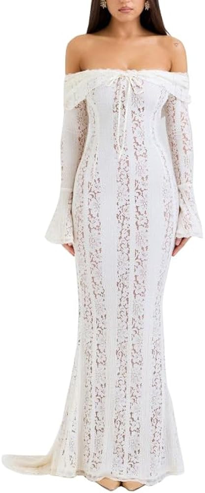 White Lace Dress for Women Off The Shoulder Maxi Dress Cocktail Wedding Party Evening Long Dresse... | Amazon (US)