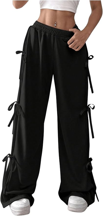 Verdusa Women's Bow Wide Leg Sweatpants Elastic Waist Casual Baggy Pants with Pocket | Amazon (US)