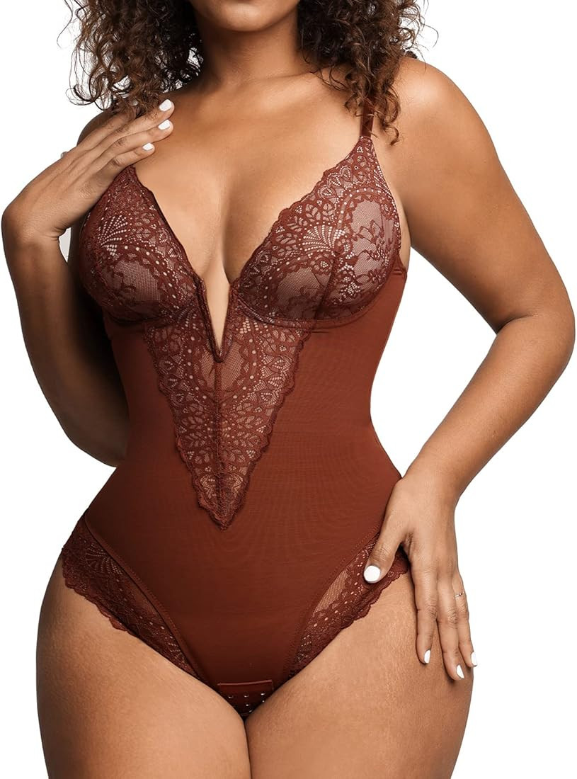 Lace Shapewear Bodysuit Women Tummy Control Backless Tank Tops V Neck Body Suit Thongs | Amazon (US)