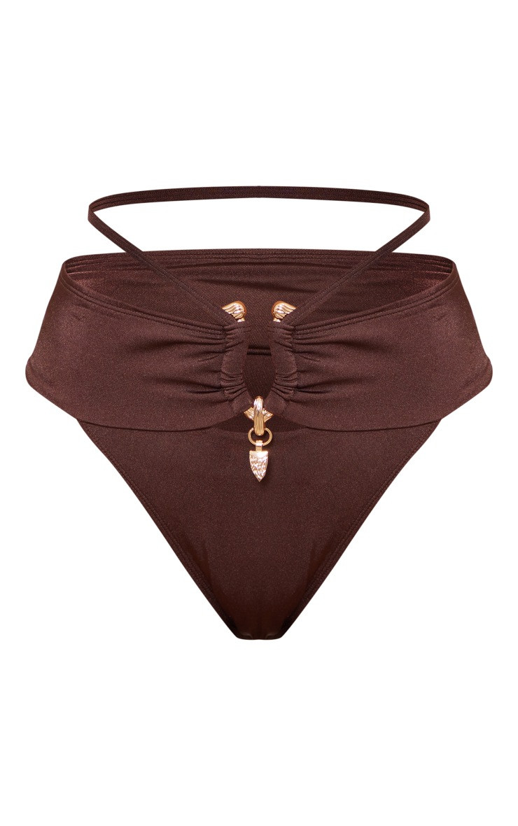 Brown Feather Trim Ruched Waist Bikini Bottoms | PrettyLittleThing US