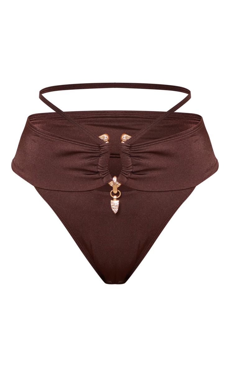 Brown Feather Trim Ruched Waist Bikini Bottoms | PrettyLittleThing US