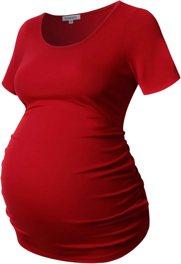 GINKANA Short Sleeve Maternity Tops Shirts Floral Ruched Sides Casual Mama Pregnancy Blouses Clothes | Amazon (US)