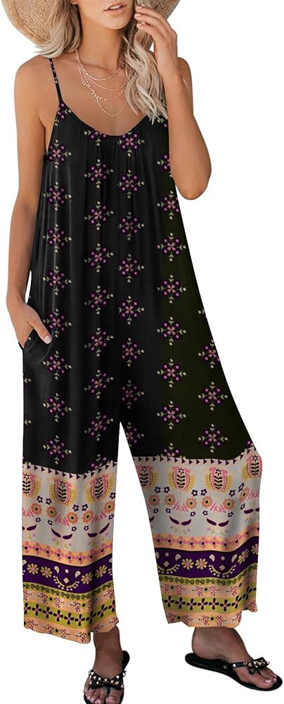 ANRABESS Women Summer Casual Sleeveless Spaghetti Strap Boho Wide Leg Jumpsuits Rompers Dressy 20... | Amazon (US)