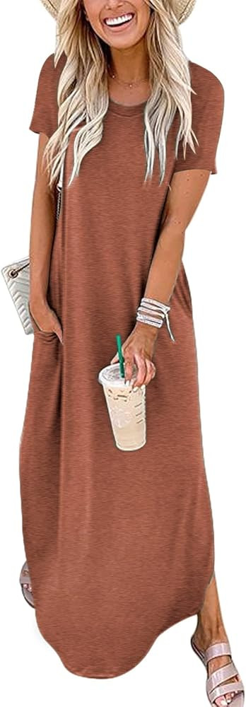 ANRABESS Women's Casual Loose Short Sleeve Long Dress Split Maxi Summer Beach Dress with Pockets | Amazon (US)