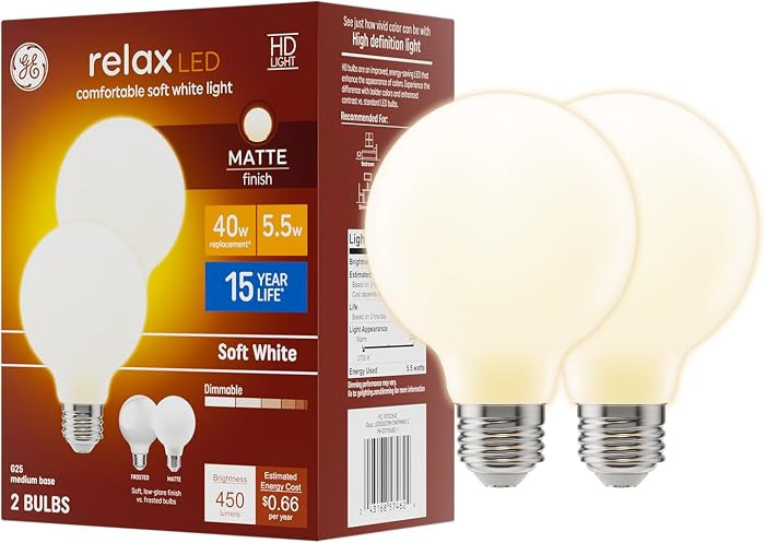 GE Relax HD G25 LED Globe Bulbs Soft White 40W Replacement, 2 Pack | Amazon (US)
