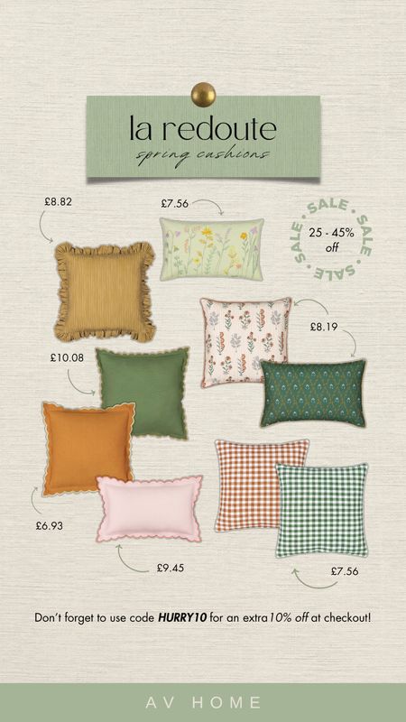 25-45% off spring cushions at La Redoute. Such a steal ✨

#LTKSeasonal #LTKsalealert #LTKhome