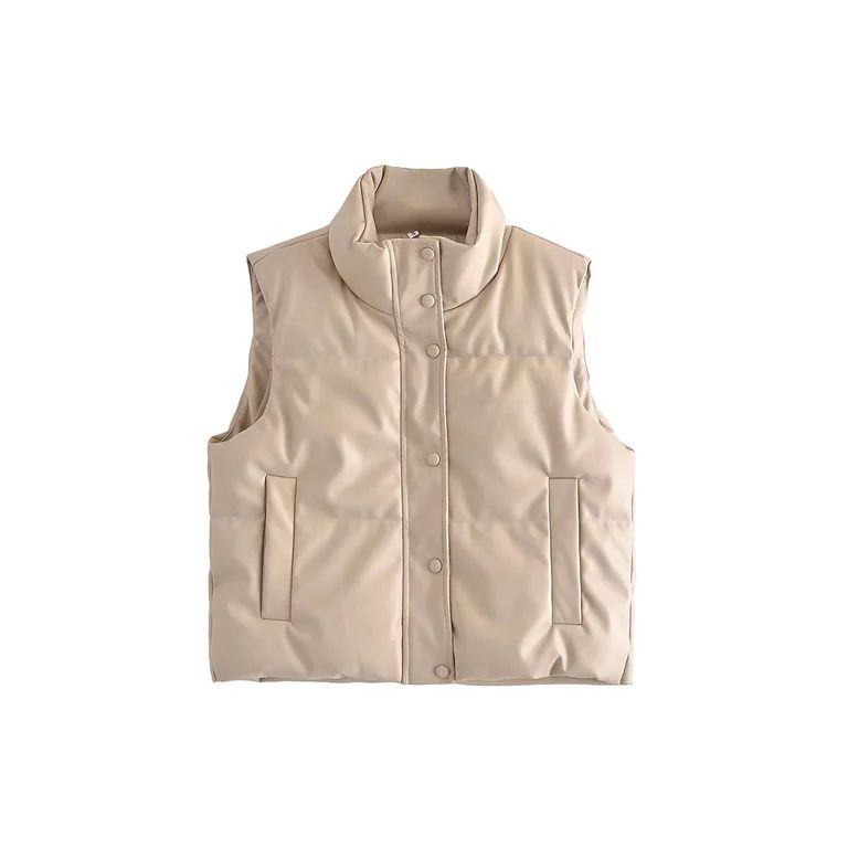 Women's Faux Leather Puffer Vest Winter Lightweight Sleeveless Warm Outerwear Zip-Up Button Vest ... | Walmart (US)