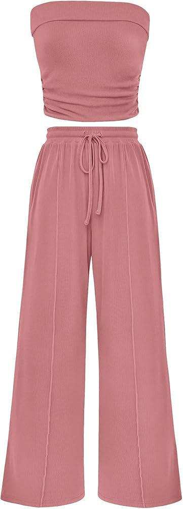 PRETTYGARDEN Womens Summer Outfits 2 Piece Sets Casual Ribbed Knit Crop Tube Top Wide Leg Pants S... | Amazon (US)