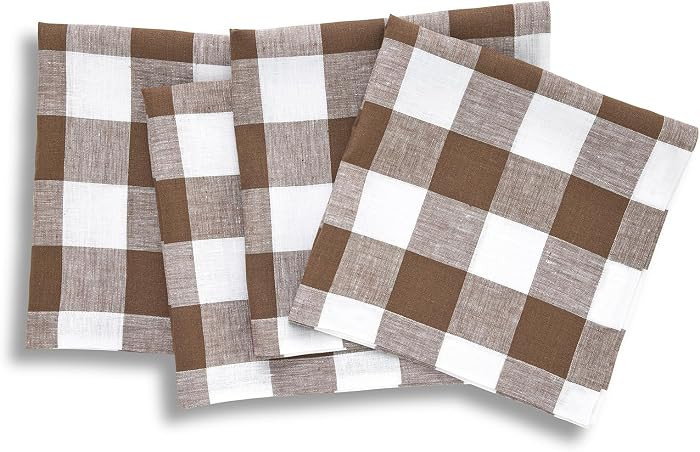 Solino Home Linen Napkins Set of 4-100% Pure Linen Coco Brown and White Buffalo Check Dinner Napk... | Amazon (US)