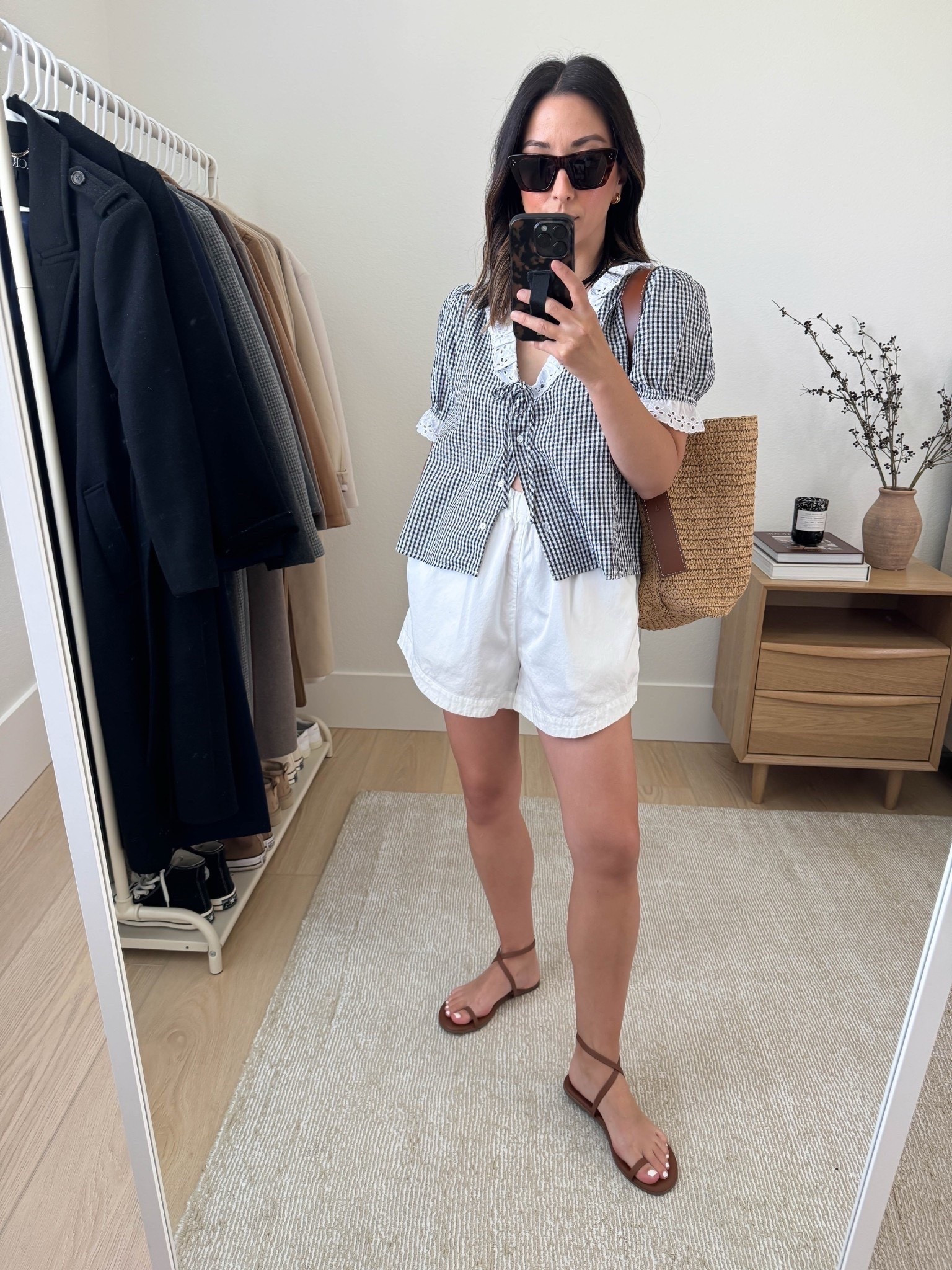 Summer outfit ideas. Simple summer outfits that are elevated. Feminine tops elevated any look. How to wear poplin white shorts. 

Wayf top small. Runs big, I need to get xs
French Connection shorts small
Tkee sandals 5
J.Crew bucket bag
Celine sunglasses
J.Crew earrings
Dorsey James necklace 15"

Summer outfits, summer style, petite style 

#LTKItBag #LTKPetite #LTKShoeCrush