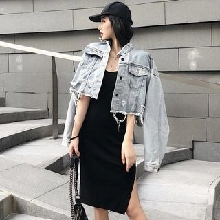 Ripped Crop Denim Jacket / Spaghetti Strap Dress | YesStyle Global
