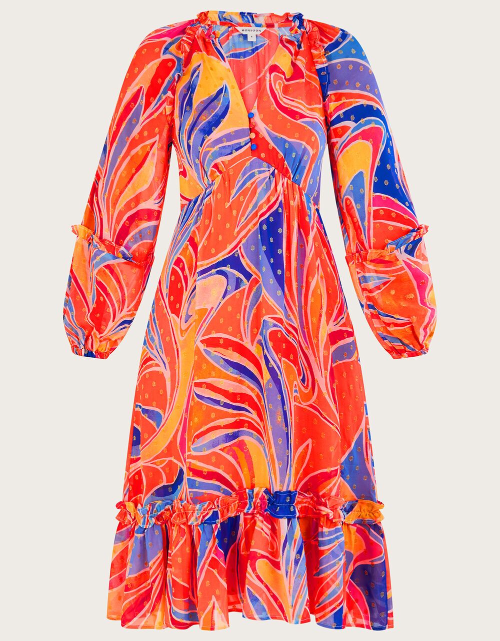 Ariel Print Tiered Dress in Sustainable Viscose Orange | Monsoon (UK)