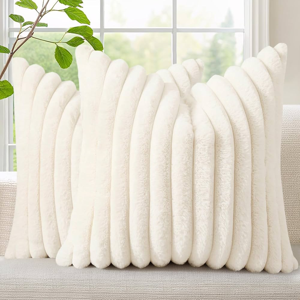 decorUhome Faux Fur Throw Pillow Covers 18x18 Set of 2, Decorative Soft Plush Striped Neutral Cou... | Amazon (US)