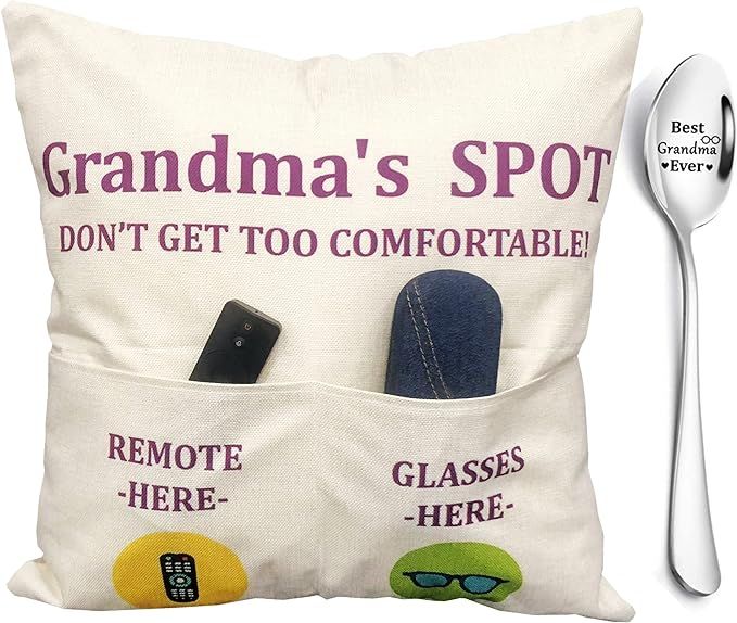 Grandma Gifts, 2-Pocket Grandma’s Spot Throw Pillow Covers 18x18 Inch + Engraved Spoon, Birthda... | Amazon (US)