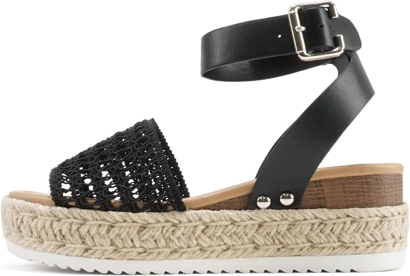 Soda Topic Open Toe Buckle Ankle Strap Espadrilles Flatform Wedge Casual Sandal | Amazon (US)