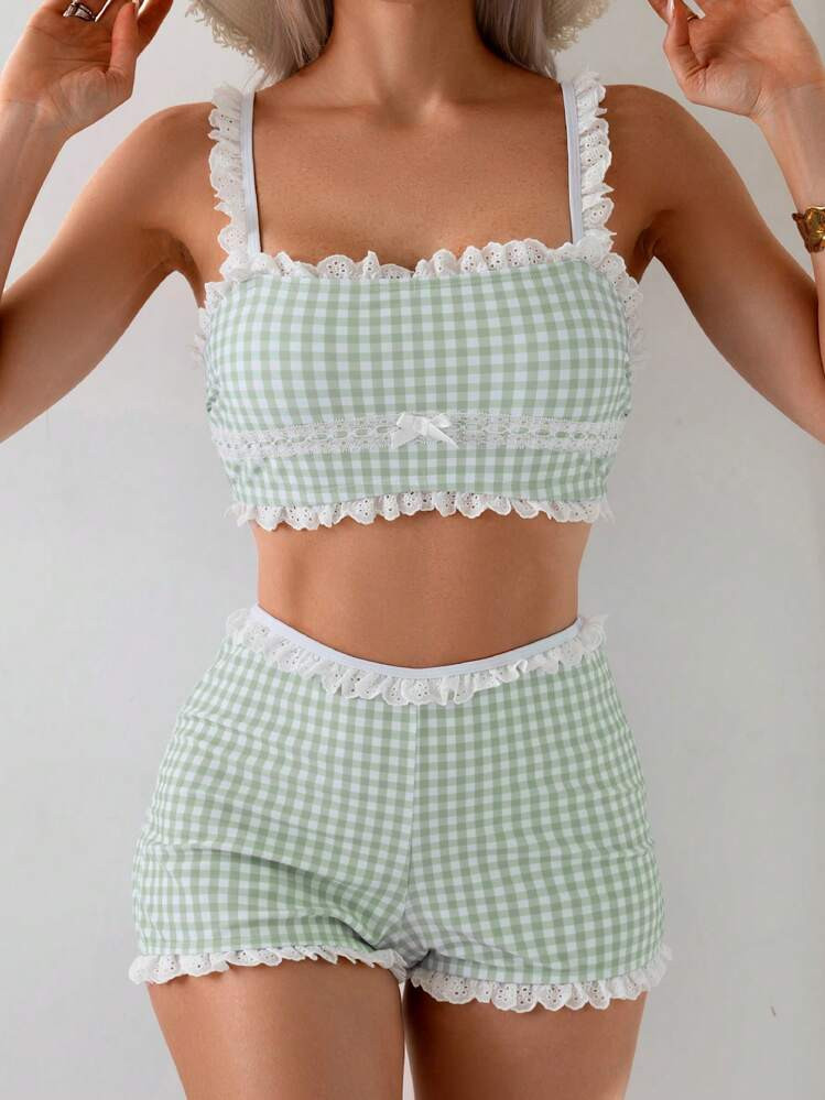 2pcs/Set Women's Green Plaid Random Floral Print Bowknot Collar Ruffle Hem Top And Shorts Set, Cute Minimalist Vest Bikini Outfit For Daily Wear For Summer Beach Vacation | SHEIN
