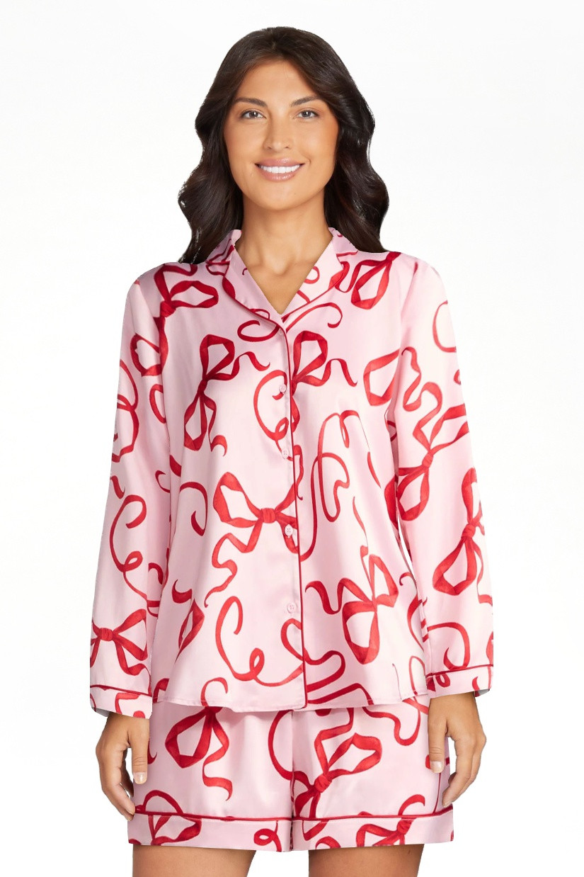 Joyspun Women’s Stretch Satin Notch Long Sleeve Top and Shorts Pajama Set, 2-Piece, Sizes XS-3X | Walmart (US)