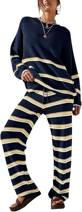EVALESS 2 Piece Outfits for Women 2024 Striped Knit Sweater Sets Matching Loungewear Set | Amazon (US)