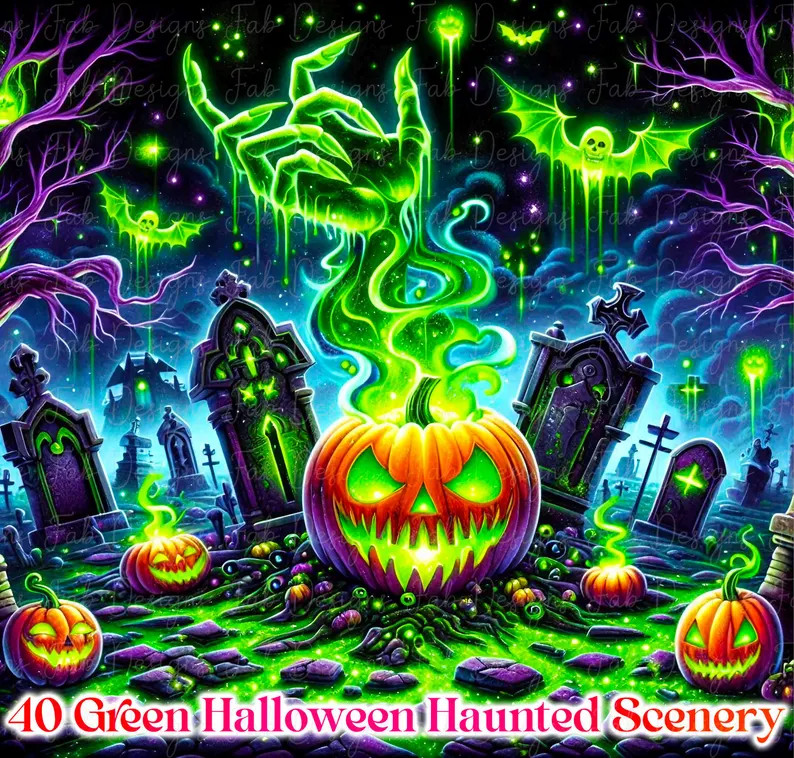Green Halloween Scenery Illustrations: Haunted Ghost Graphics (digital Download Jpegs for Scrapbo... | Etsy (US)