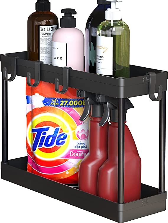 SimpleHouseware 2-Tier Under Sink Organizer Storage Tray with Hooks, Black | Amazon (US)
