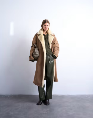 Topshop formal longline faux shearling coat in brown and cream | ASOS (Global)