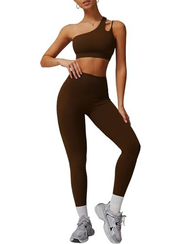 QBGJTD Womens Workout Sets Two Piece Single Shoulder Straps Backless Sports Bras Matching High Waist Leggings Set 2 Piece Gym Yoga Active Wear Outfits For Women Athletic Work Out Clothes Brown XL | Amazon (US)